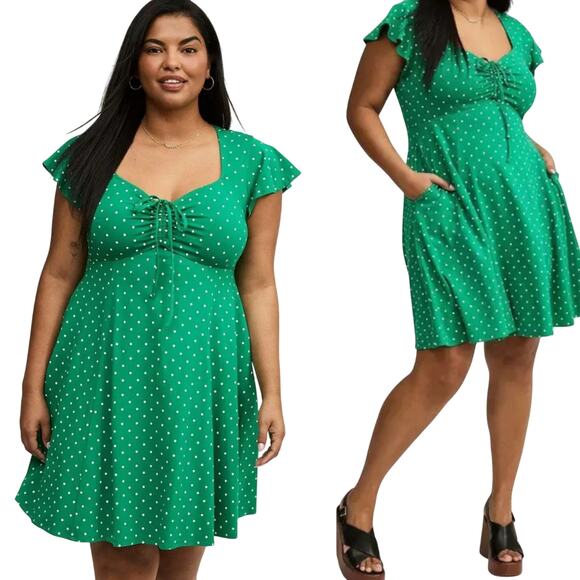 Torrid Polka Dot Mini Dress Bow Front Fit & Flare Jersey Knit Green White NEW 12 - Picture 1 of 10